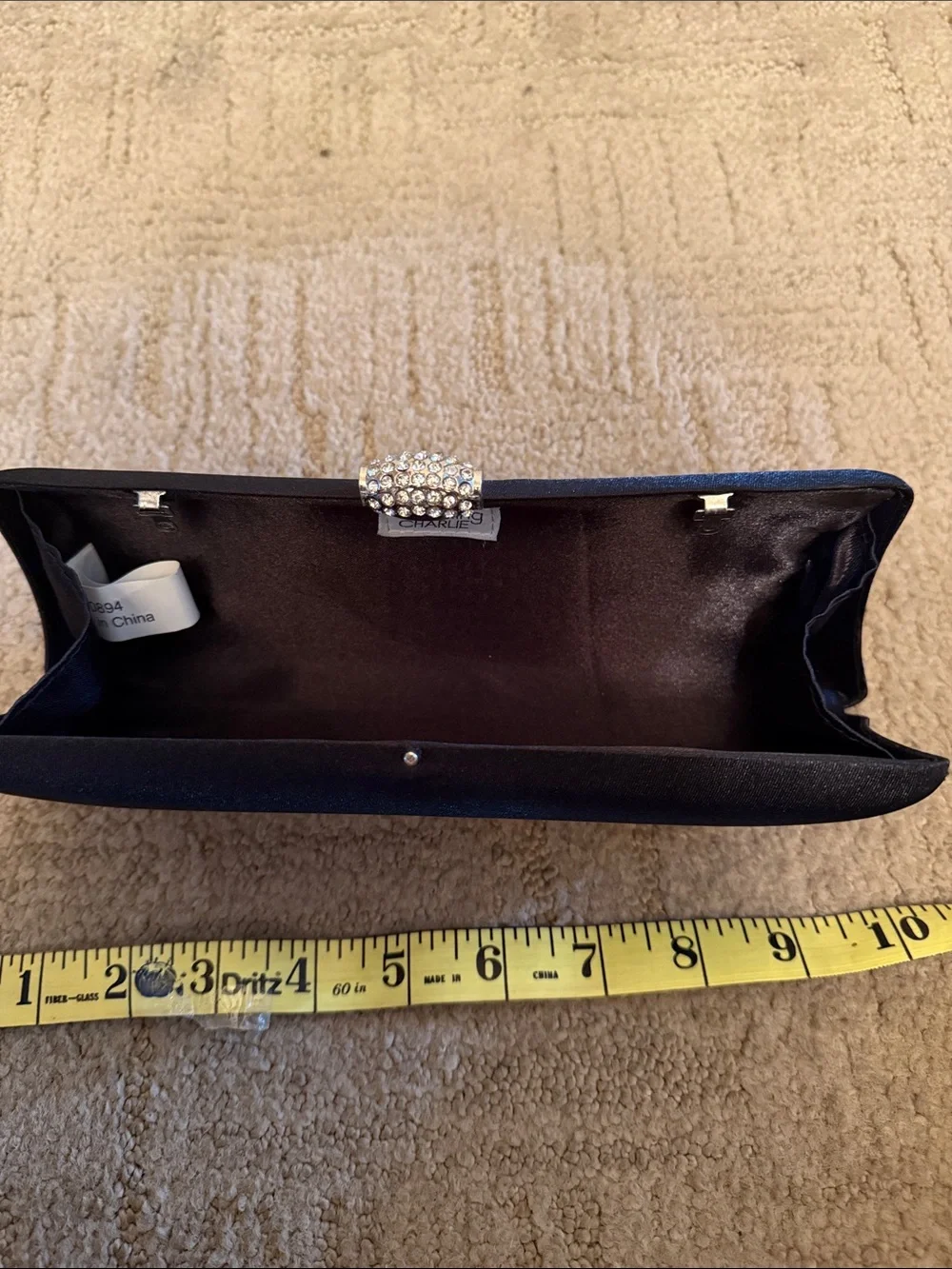 Small Black Satin Evening Clutch with Crystal Accent